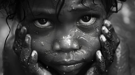 Grey scale portrait of Poor African boy crying, Black day