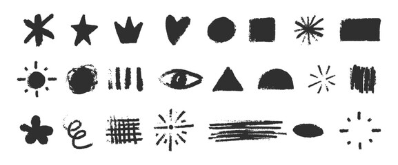 basic geometric scratch shapes set. Hand drawn Noise grunge pencil charcoal or crayon texture figures collection vector illustration