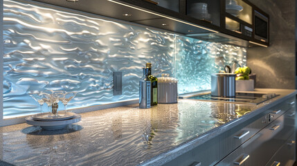 An exquisitely detailed modern kitchen, where a textured glass backsplash casts a soft glow over...