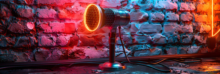 lamp on wall,
Microphone with Vibrant Neon Lights on a Textu