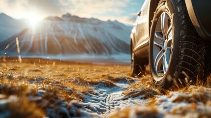 Sunny day, beautiful mountainous landscape with mountains in the background with a car tire in the foreground