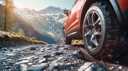 Sunny day, beautiful mountainous landscape with mountains in the background with a car tire in the foreground