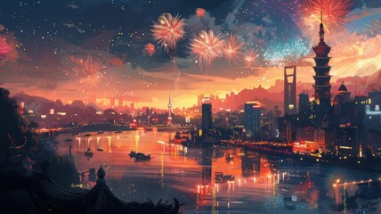 The city's overpass, heavy traffic, clear night, perfect fireworks background. Happy 4th of July of Independent day for holiday celebrations. background. For USA Labor day celebration. - obrazy, fototapety, plakaty
