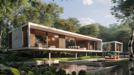 Exterior view of multiple modern house. Architecture 3d rendering of minimal modern house with natural landscape. Front of modern House background.