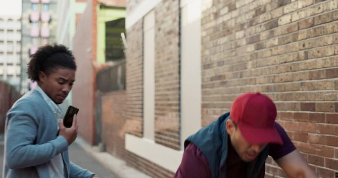 Delivery man, mistake and boxes or package with chaos, confused and sorry for mistake or wrong turn in city. Business person bump into courier worker with fragile stock distribution and bad balance