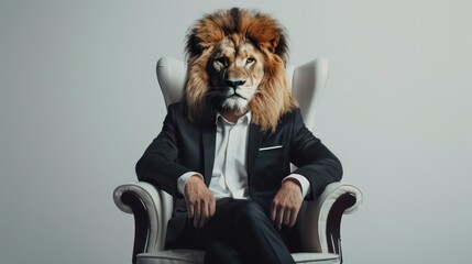 Lion in a suit and tie sits in an armchair on an gray background. Generated AI - obrazy, fototapety, plakaty