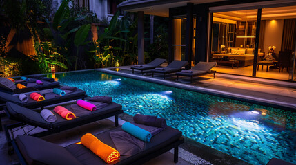 The exterior of a luxury pool home at twilight, the pool illuminated by underwater lights. The sunbeds, each with a neon-colored beach towel, add a vibrant touch to the scene, 