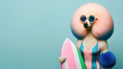 Fototapeta premium Funny dog wearing summer fashion on pastel background with copy space. Summer Vacation Concept.