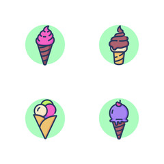 Delicious ice cream line icon set. Tasty sundae bubbles in cone, soft cherry ice cream, cone. Desserts concept. Vector illustration for web design and apps