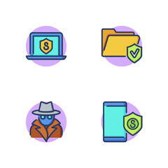 Data protection line icon set. Spy, folder with checkmark, laptop and smartphone with security shield. Security and protection concept. Vector illustration for web design and apps