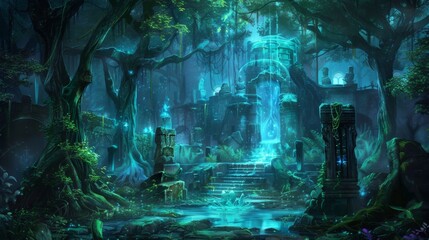 Fototapeta premium Beyond the laboratorys walls lies a dark mystical forest its trees twisted and gnarled as if enchanted by powerful magic. In a clearing . .