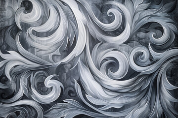 An abstract painting, intricate Thai patterns swirling in shades of gray