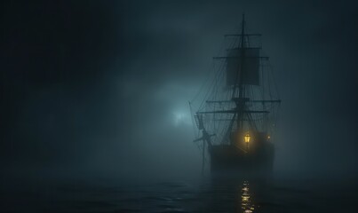 three-sail ship on the ocean, night, fog