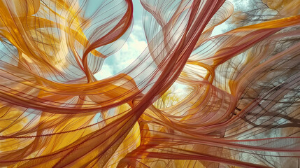Digital art composition on an abstract background with swirling waves reminiscent of flowing fabric.