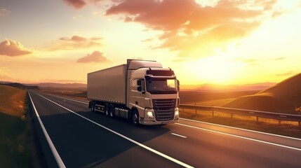 Truck logistic driving on the asphalt road on highway on sunset background