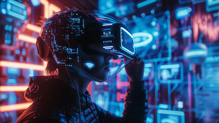 Humanoid in metaverse using VR Glasses surrounded by weird futuristic symbols. photography