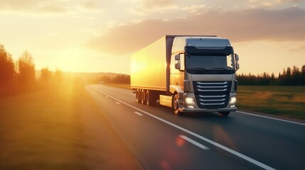 Truck logistic driving on the asphalt road on highway on sunset background