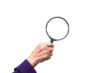 Close-up of an old woman's hand holding a magnifying glass against a transparent background.