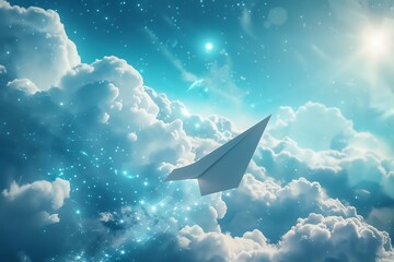 Paper airplane soaring through a digitized sky with interactive cloud computing