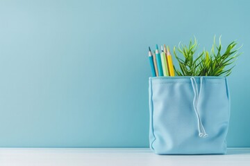 Light blue bag with pencils inside and some plant in pot