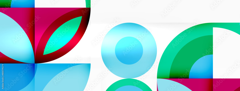 Poster A vibrant geometric pattern featuring colorful circles and squares in electric blue tints and shades, creating symmetry and visual arts. Closeup view of plastic art on a white background