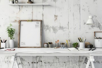 Minimal home-office with office supplies and decorations on white wooden table background and white wall