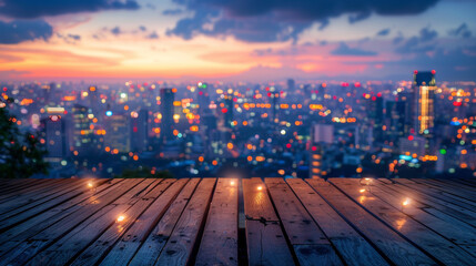Blurred beautiful city view at twilight scene with wooden table