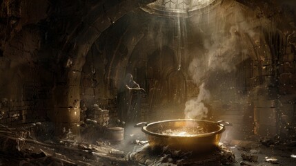 In a hidden chamber underneath the workrooms a bubbling cauldron emits an eerie glow as a mysterious figure carefully pours in rare . .