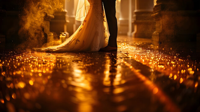 Bride and Groom in a Dreamlike Golden Wedding Scene