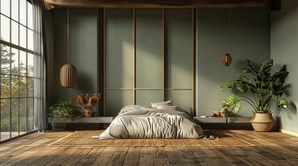 Modern beige bedroom with walk in closet green wooden bed gray blanket generative AI