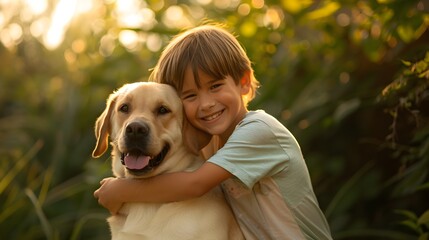 Joyful Embrace of a Boy and His Loyal Labrador Retriever in Warm Afternoon Sunlight