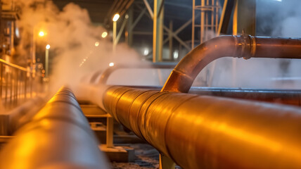 Illuminated by ambient lights, large industrial pipes release steam in a dramatic display, showcasing the energy of an active facility at night.
