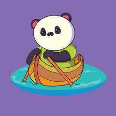 a drawing of a panda bear is riding a wooden boat he holds a wooden paddle above the blue nair