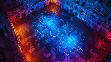 Fuse aerial perspectives of sports triumphs with gritty street art vibes