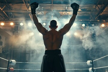 Envision the thrill of victory as a boxer raises their arms in triumph in the center of the boxing...