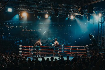 Feel the energy pulsating through the air as two fighters face off in the center of the boxing arena, the crowd roaring with anticipation, Generative AI 