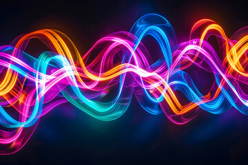 Electric neon waves intertwining in a vibrant dance. Abstract art on black background.