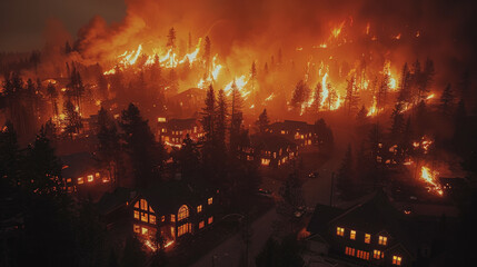 A devastating forest fire at night, engulfing trees and threatening residential houses amidst dense smoke and glowing flames.