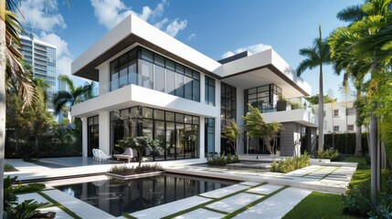 Fototapeta premium Facade of a two-story luxury modern house with swimming pool. With large glass windows, white wall.