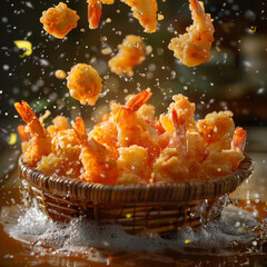 Sizzling Basket of Fried Shrimp with Oil Burst