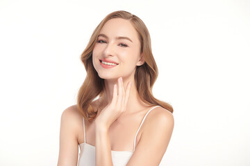 Beautiful young woman with clean fresh skin on white background, Face care, Facial treatment,...