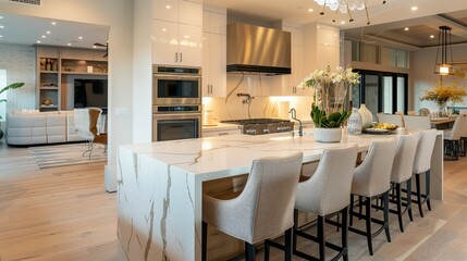 Tranquil Kitchen Vibes: Soft White Tones and Illuminated Bar Chairs