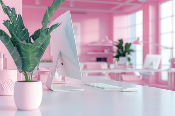 Modern stylish pink office workspace interior with copy space on white worktable over blurred office background. 3d rendering, 3d illustration