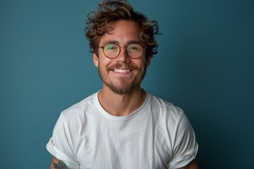 Portrait of a handsome young man in glasses on a blue background