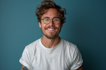Obraz premium Portrait of a handsome young man in glasses on a blue background