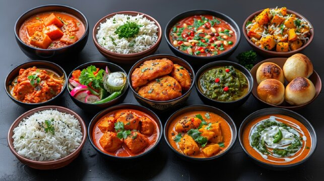 Assorted indian food on dark wooden background. Bowls with different dishes of indian cuisine.  Pilaf, butter chicken curry, rice, palak paneer.