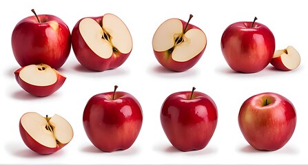  Red apples, many angles and view side top sliced halved cut isolated on white background cutout.