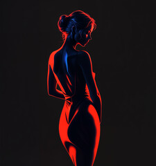 woman in a backless dress is shown from the hips up, lit by red light against a black