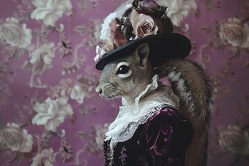 A squirrel wearing a black top hat and a purple dress with a white lace collar stands in front of a floral wallpaper background.