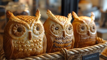 Whimsical Owl Shaped Pastries in Woven Basket with Feather Like Icing Accents in Cozy Bakery Setting